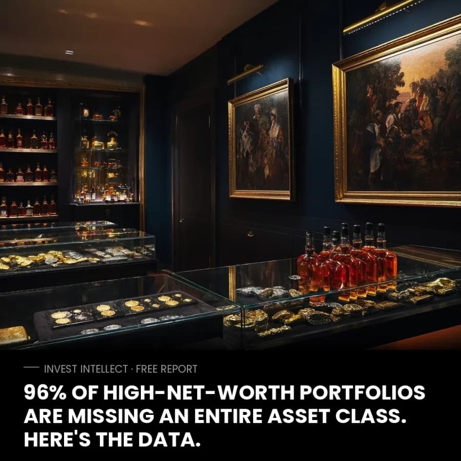 Invest Intellect advertisement showing a dark panelled room of display cases holding coins, whisky and paintings, headlined that 96% of high-net-worth portfolios are missing an entire asset class.