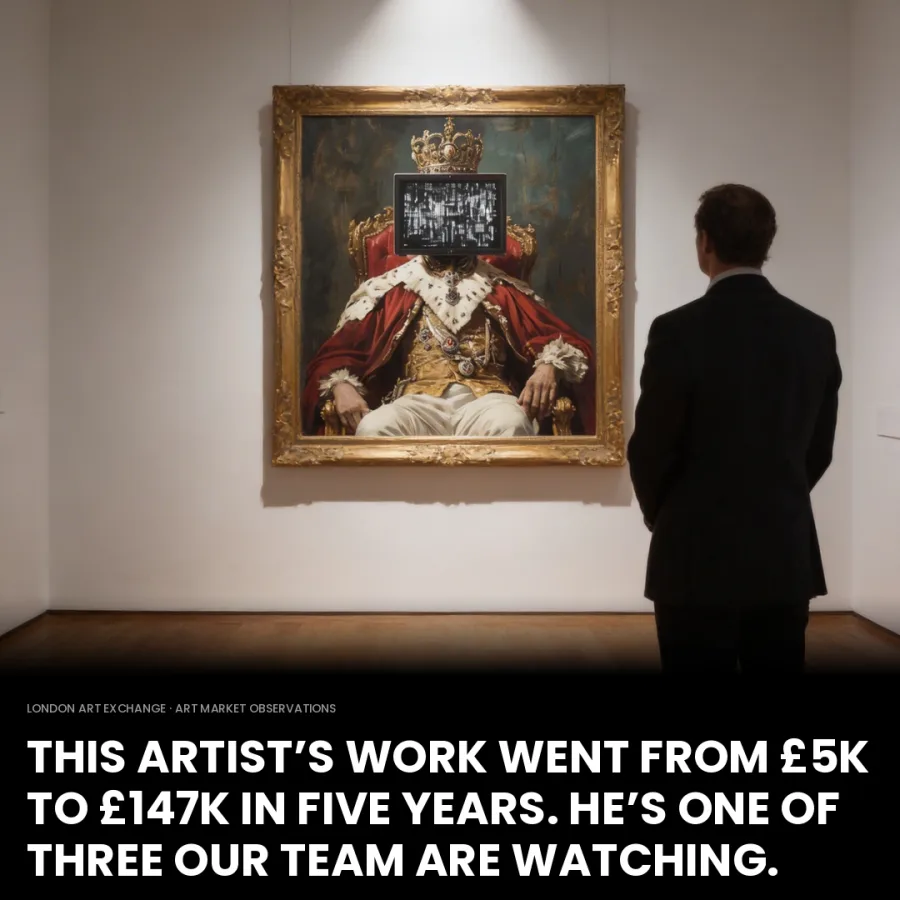 London Art Exchange advertisement showing a gallery visitor in front of a large framed portrait, headlined with an artist's five-year price trajectory.