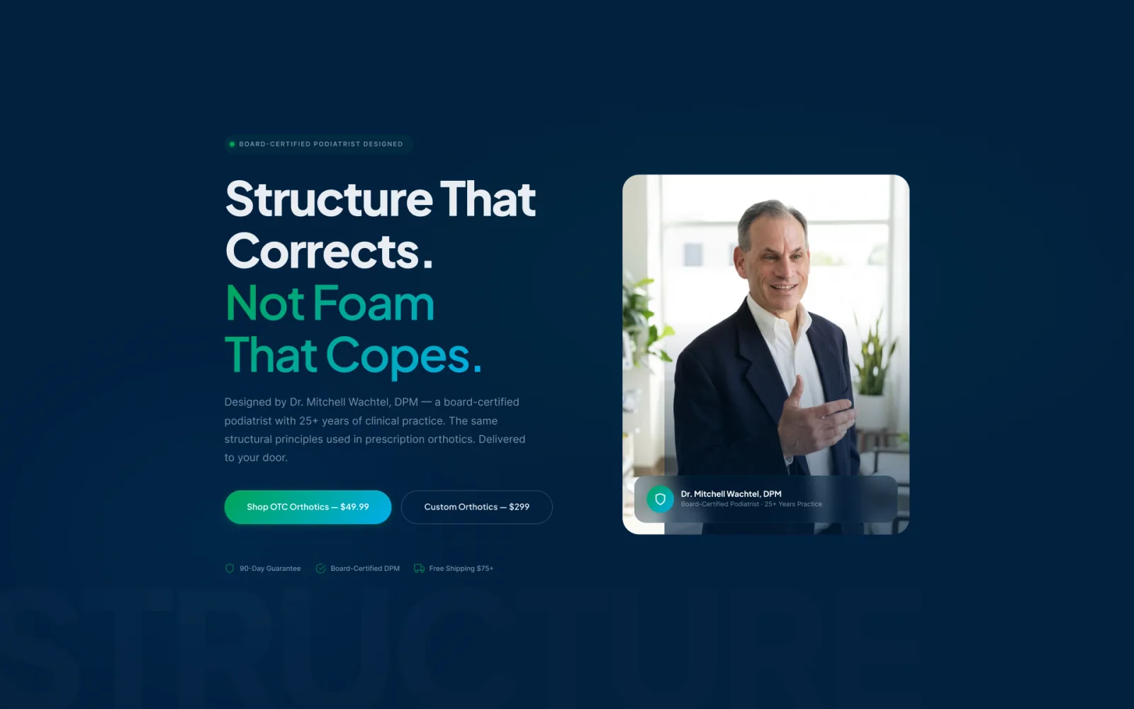 Run Doc Wellness homepage design: a dark navy hero headlined Structure That Corrects, Not Foam That Copes, with a photograph of Dr. Mitchell Wachtel and two product buttons.