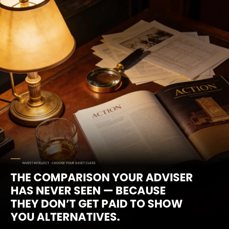 Invest Intellect mid-funnel advertisement set at a desk.