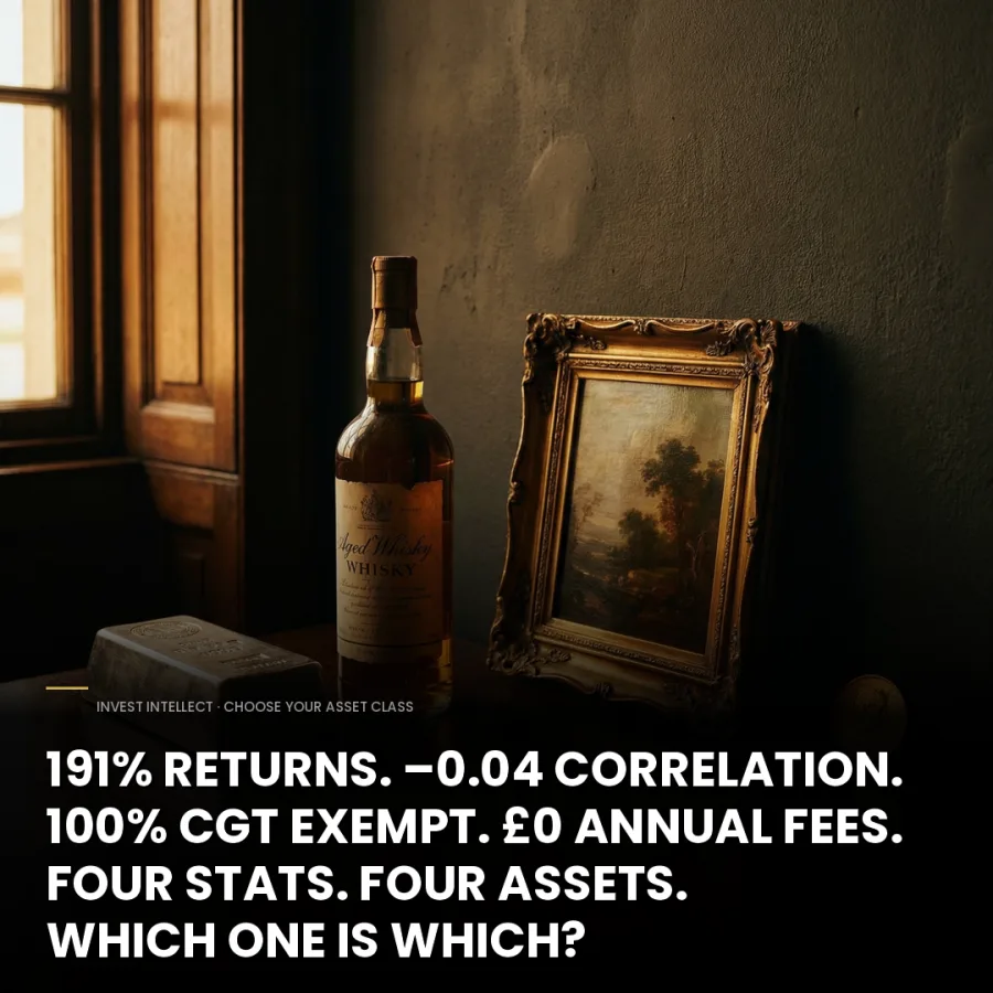 A whisky bottle, a gold bar and a framed painting on a table in low light. Headline lists four statistics across four assets and asks which is which.