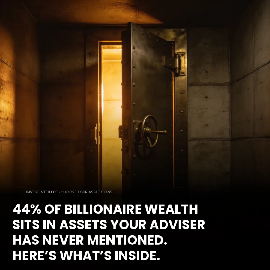 An open vault door lit from within. Headline: 44% of billionaire wealth sits in assets your adviser has never mentioned.