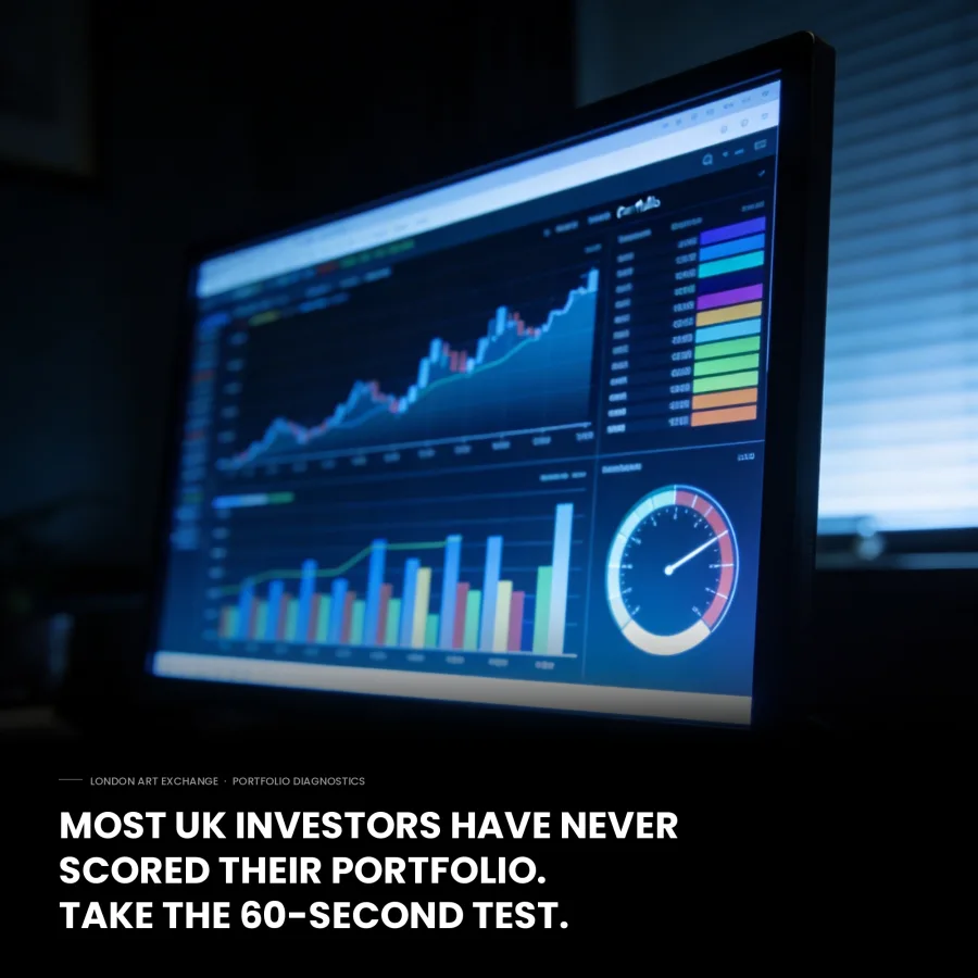 A monitor showing portfolio charts in a dark room. Headline: most UK investors have never scored their portfolio.