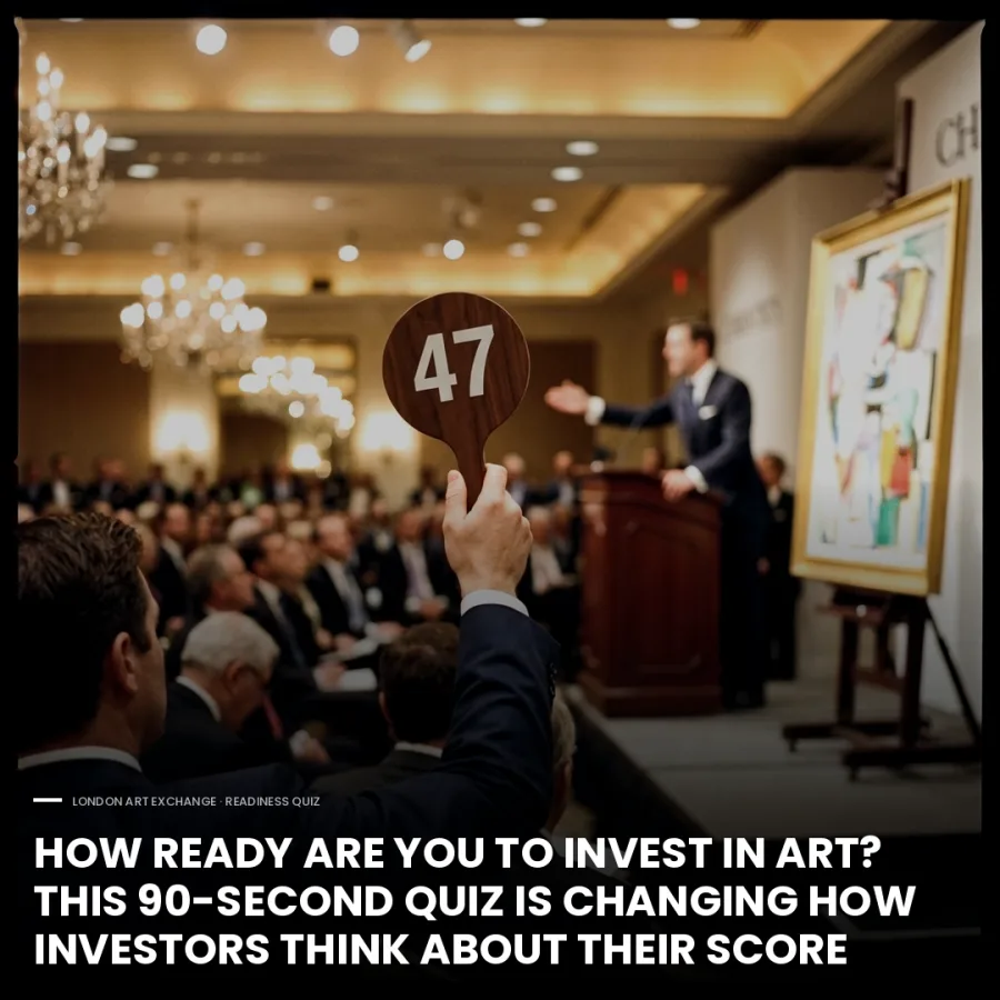 Auction room with a raised bidding paddle numbered 47. Headline asks how ready you are to invest in art.