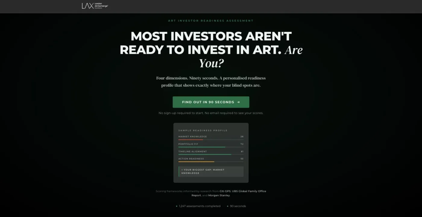 Screenshot of the London Art Exchange art investor readiness assessment, showing a sample four-dimension readiness profile.