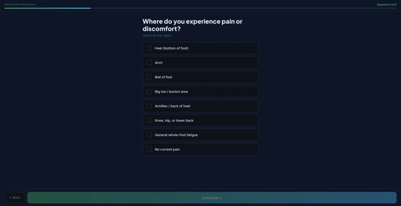 Screenshot of question two of the Run Doc Wellness assessment, a multi-select asking where the visitor experiences pain or discomfort.