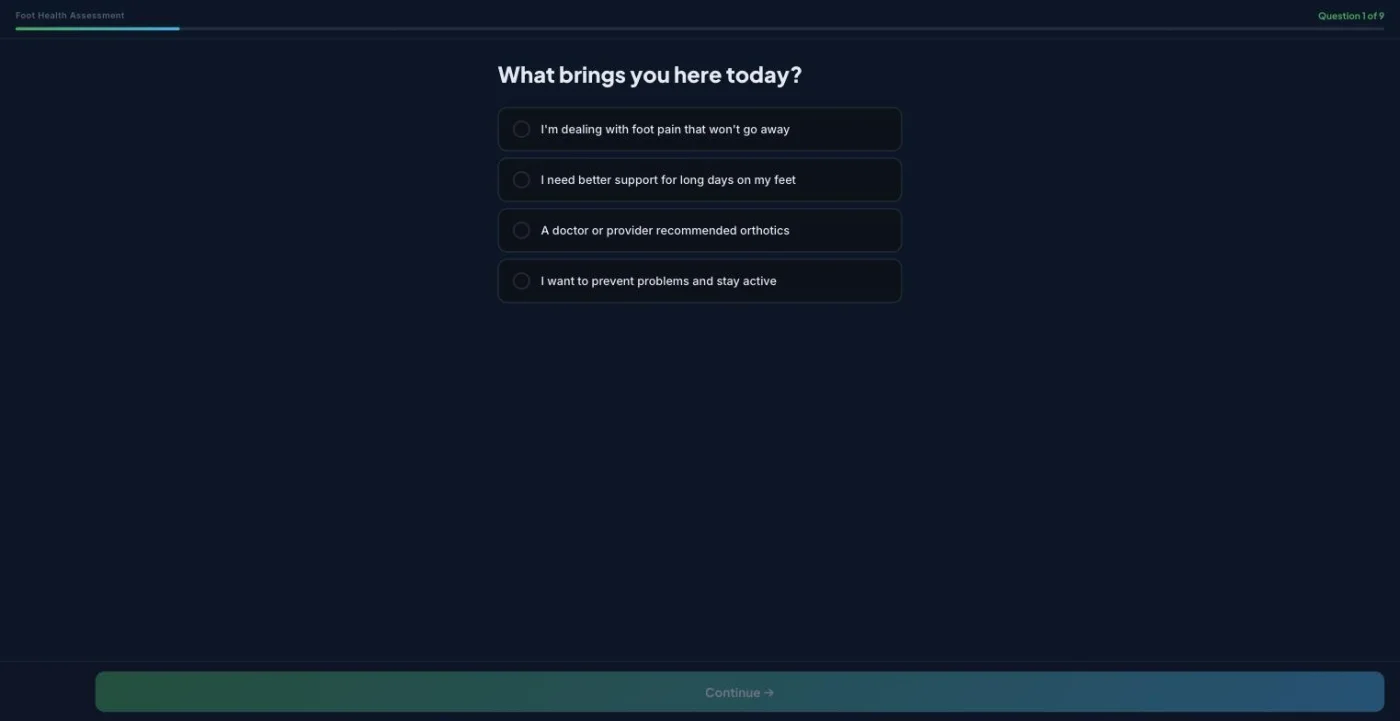 Screenshot of the Run Doc Wellness foot health assessment showing question one of nine with four intent-based answers.