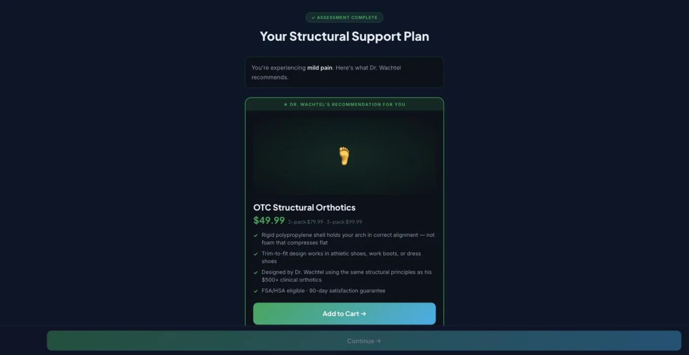 Screenshot of the Run Doc Wellness structural support plan, showing the recommended orthotic, its price, four supporting points and an add to cart button.