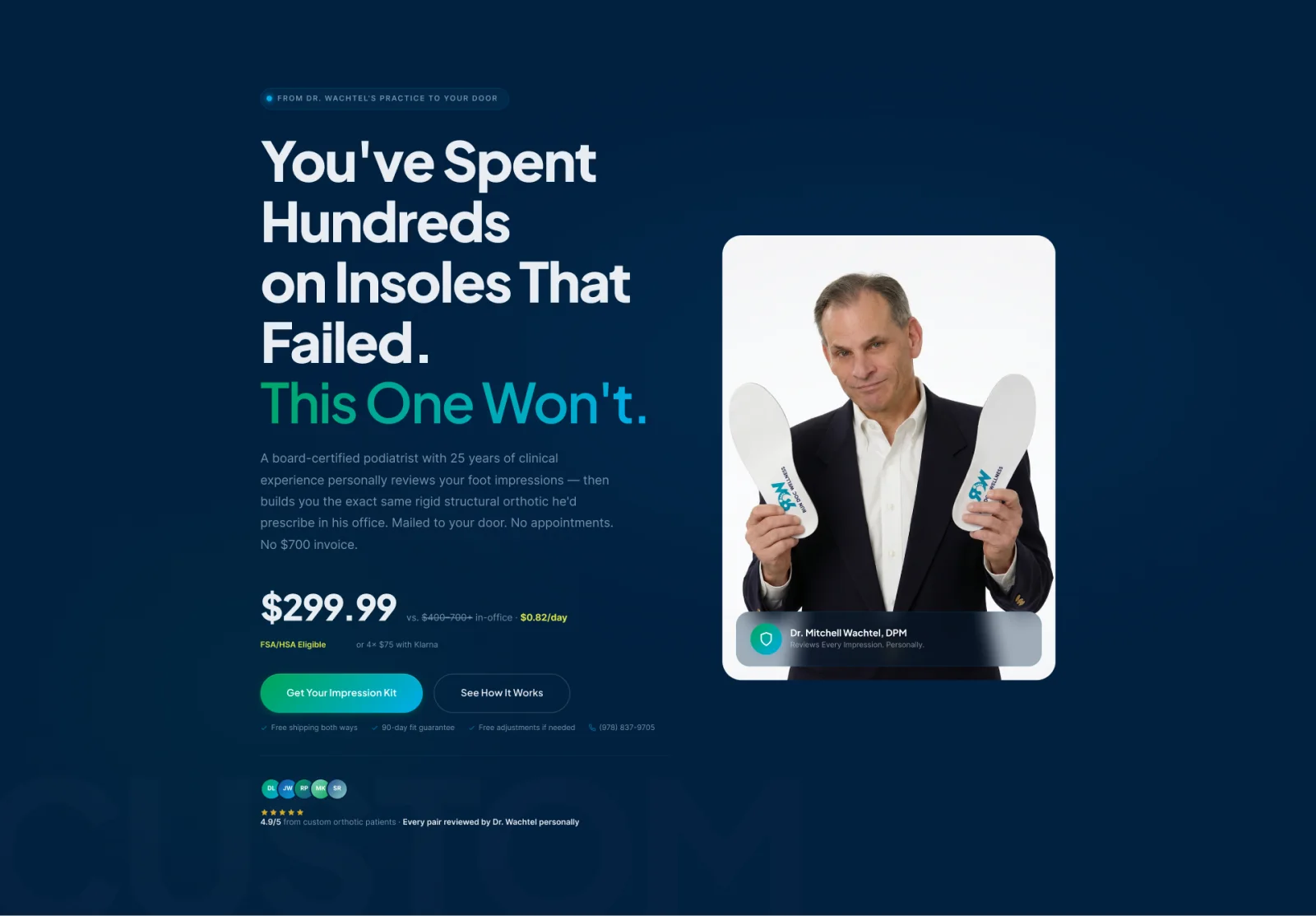 Run Doc Wellness custom orthotics page headlined You've Spent Hundreds on Insoles That Failed, This One Won't, priced at $299.99, with Dr. Wachtel holding a pair of orthotics.